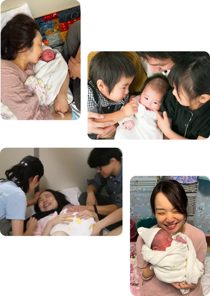 お産の様子・ご家族と赤ちゃん・出産の立ち会い・助産師と赤ちゃん